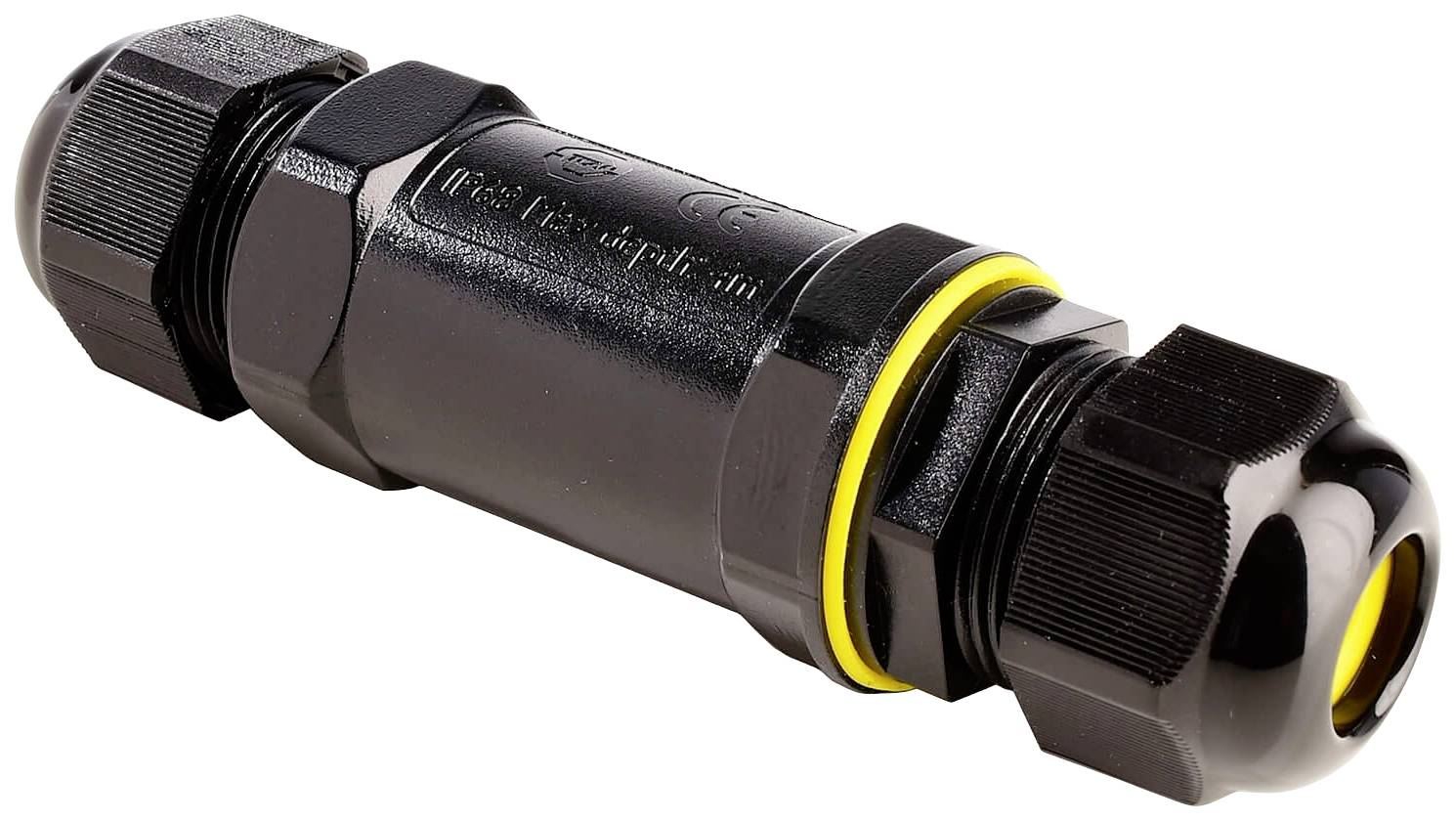 Een zwarte kabelverbinder met een gele afdichtingsring, die wordt gebruikt voor een veilige verbinding en afdichting van kabels in elektrische installaties.