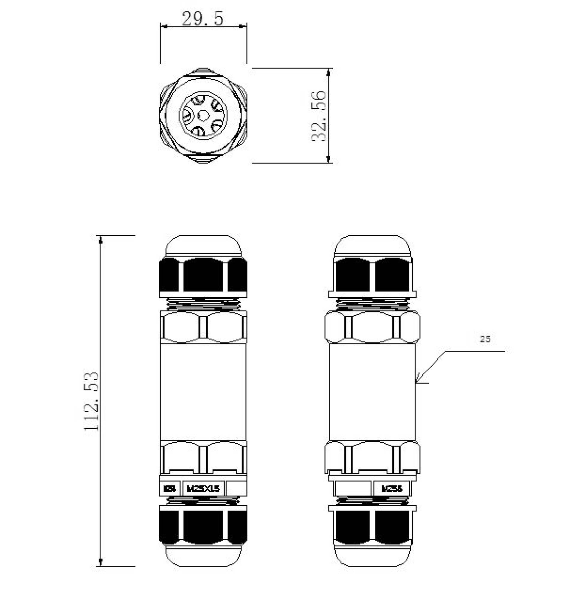 Technische tekening van een cilindrisch verbindingselement met afmetingen: 29,5 diameter, 112,53 lengte. Bovenaanzicht, onderaanzicht zijaanzicht.