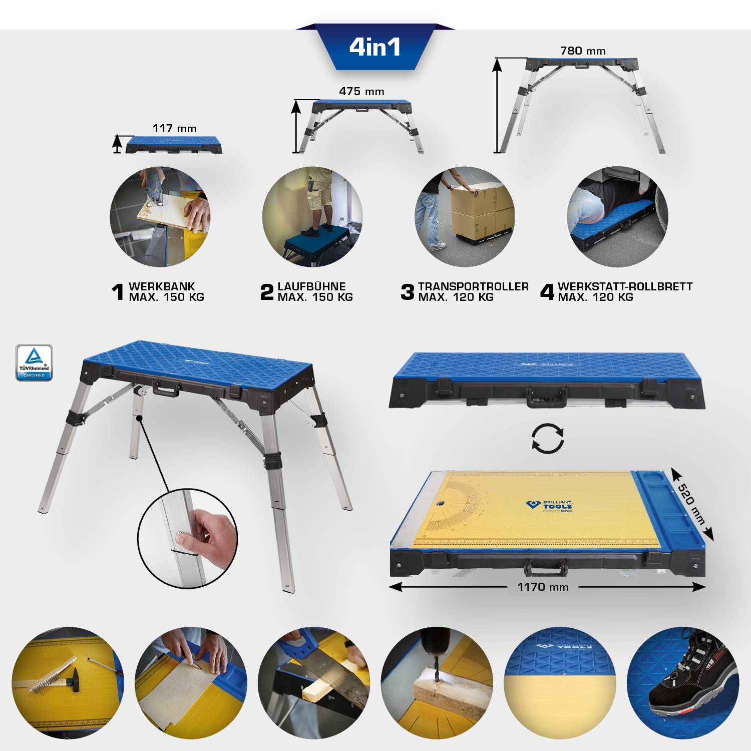 '4-in-1 Werkplatform': Opvouwbaar platform, afmetingen 117 x 780 mm, maximale belasting 150 kg. Functies: werkbank, loopplatform, transportroller, werkplaatswagen.