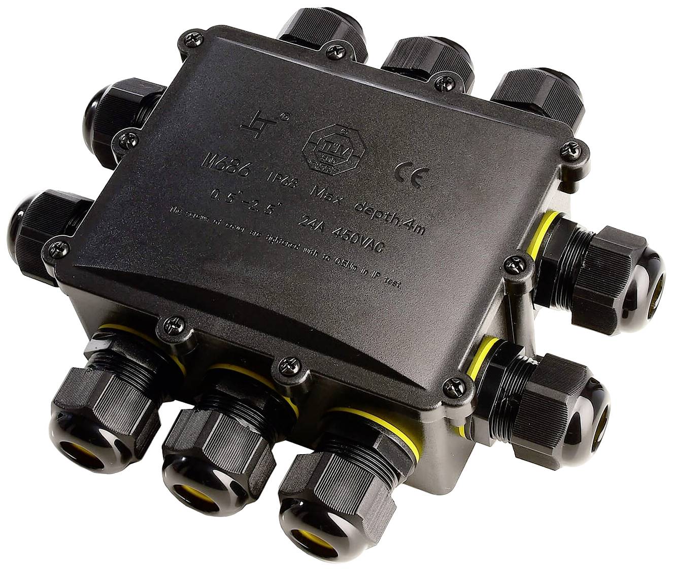 Behuizing met meerdere kabelwartels voor elektrische aansluitingen, geschikt voor een maximale diepte van 4 meter, IP66-gecertificeerd.