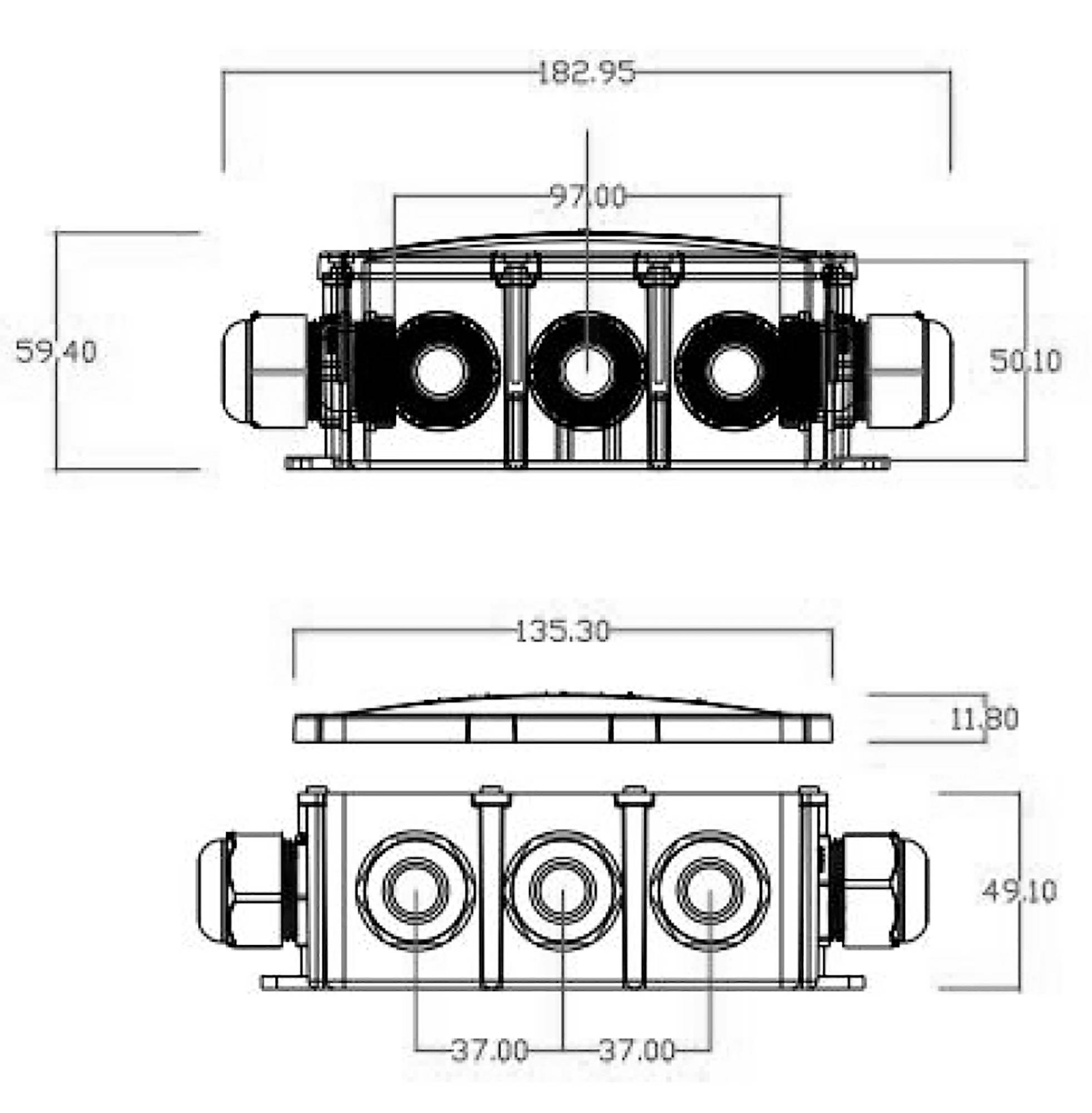 Technische tekening van een aansluitdoos met afmetingen in millimeters. Twee aanzichten: bovenaanzicht met breedte 182,95 en vooraanzicht 135,30.