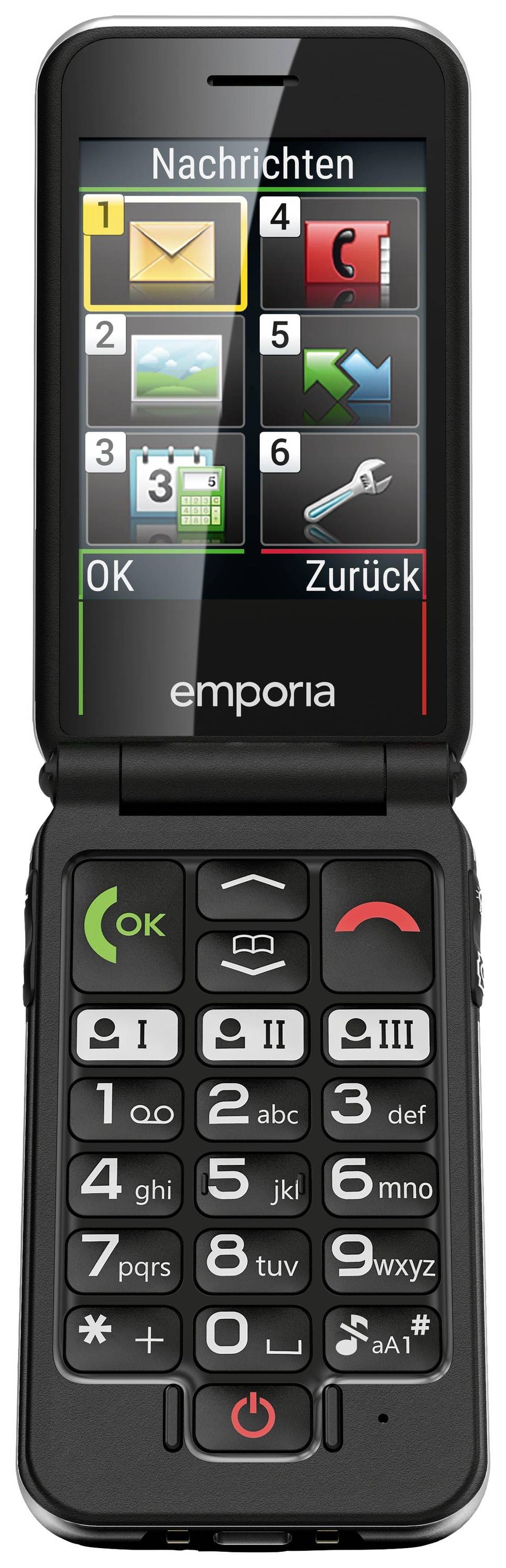 Een opvouwbare mobiele telefoon met fysieke knoppen en een kleuren display toont opties zoals 'Berichten', 'Contacten' en 'Instellingen'.