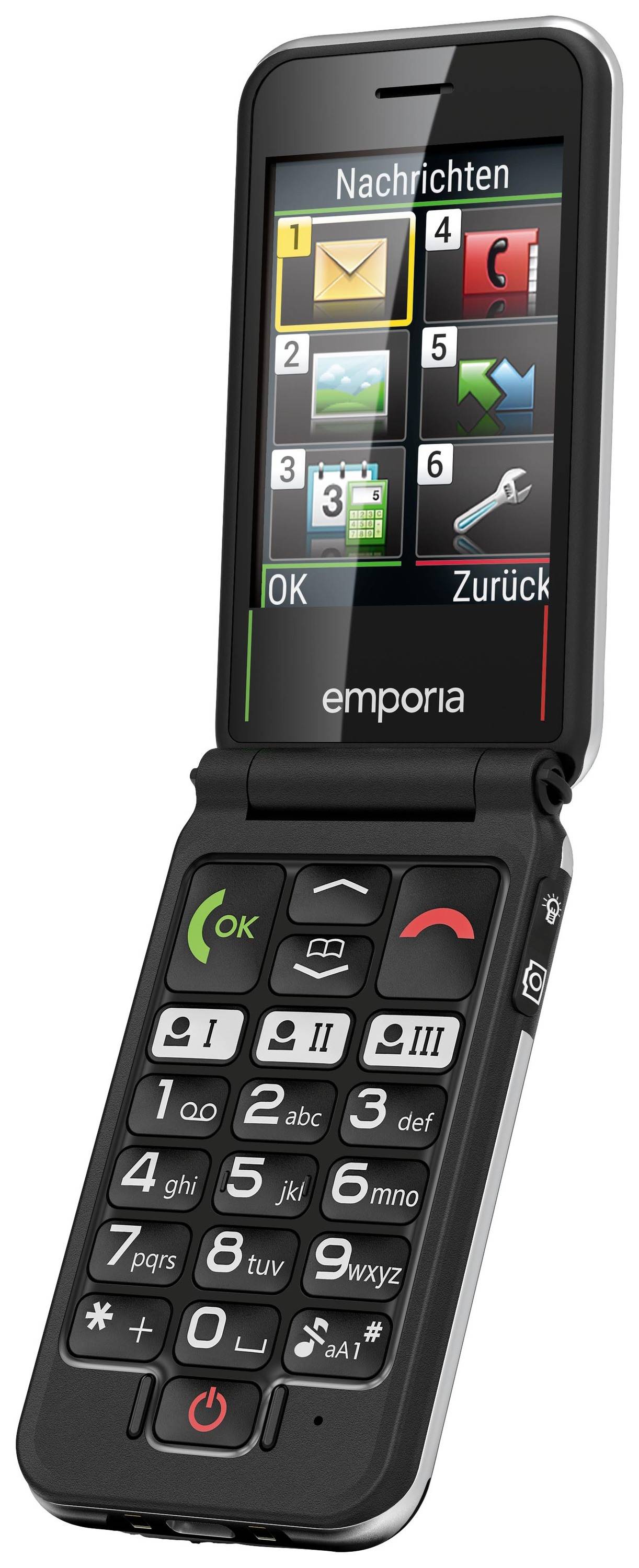 Opvouwbare mobiele telefoon met groot display en toetsen. Pictogrammen voor berichten, oproepen en instellingen zichtbaar. Groot, gebruiksvriendelijk ontwerp.