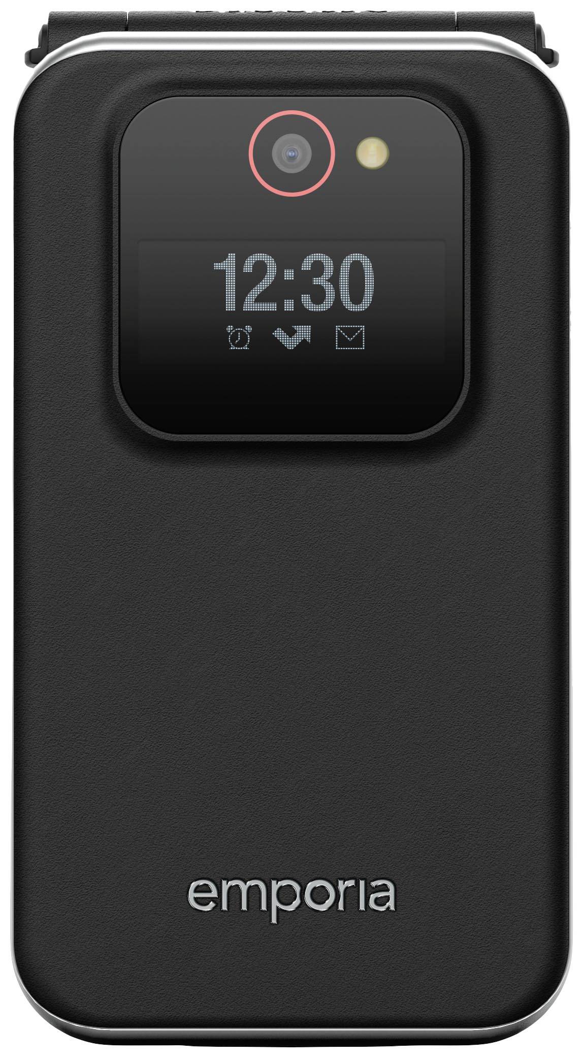 Een zwarte opvouwbare mobiele telefoon met een klokweergave van '12:30', camera en LED-meldingslicht op het buitenste display bovenaan.