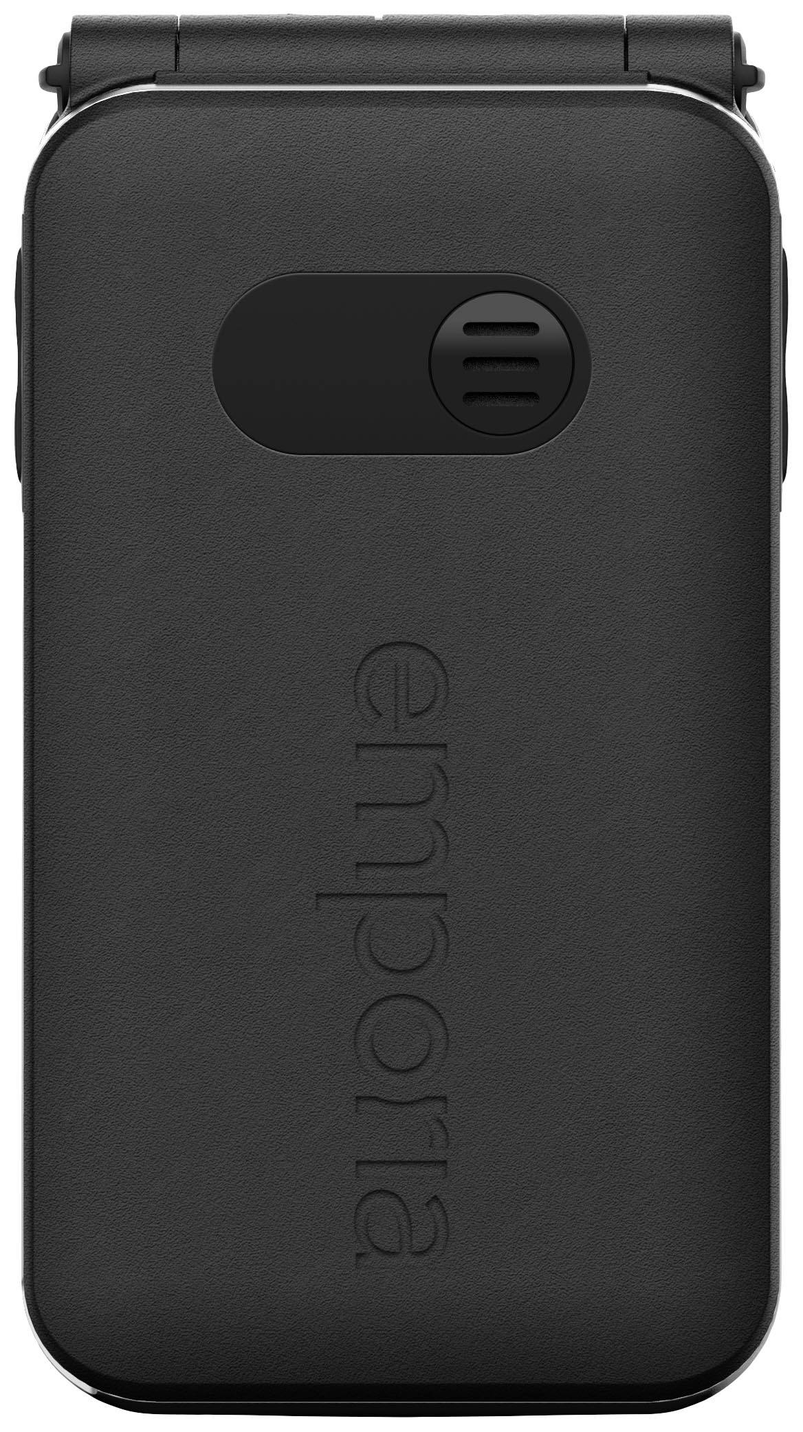 Zwarte opvouwbare mobiele telefoon van Emporia, dichtgevouwen, met een gestructureerde behuizing en afgerond design.
