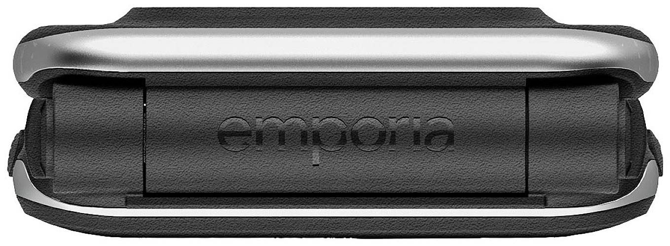 Zwart mobiele telefoon van het merk Emporia, dichtgeklapt, bovenaanzicht.