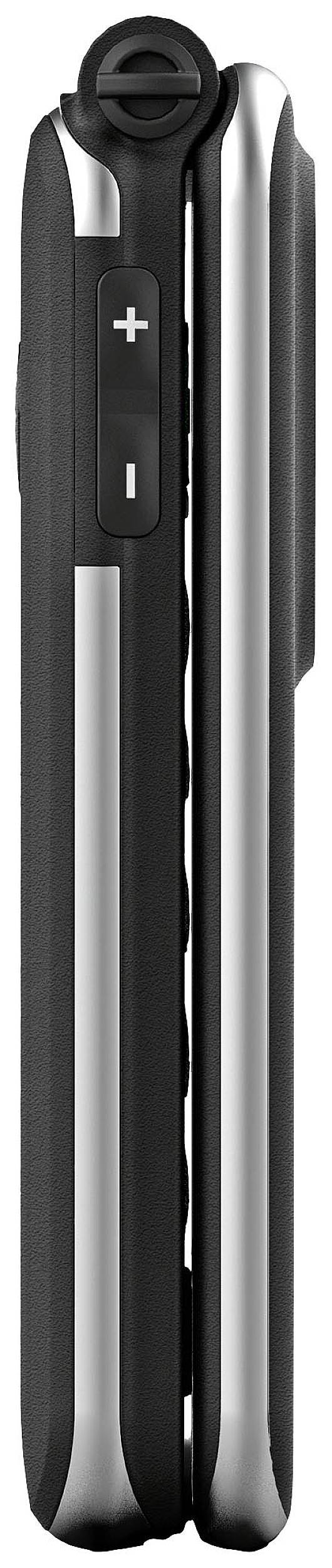 Zijaanzicht van een ingeklapt opvouwbaar toestel, zilver met zwarte details. Zichtbare volumeknoppen aan de zijkant.