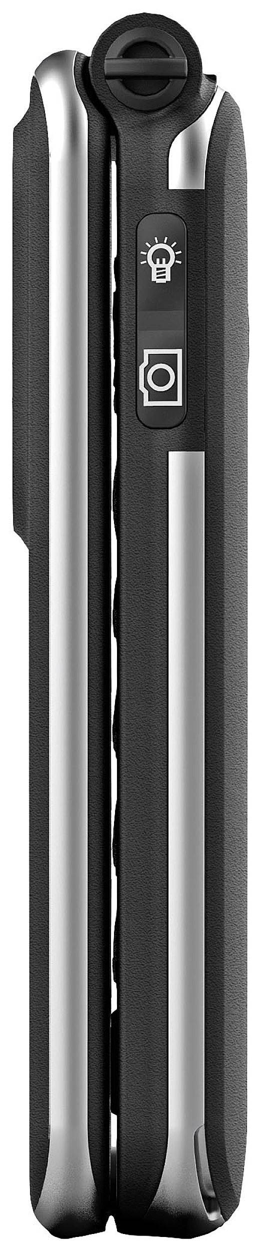 Ingeklapt zwart telefoon met zilveren accenten, gefotografeerd vanuit zijaanzicht. Bovenaan zijn symbolen voor een camera en zaklamp zichtbaar.