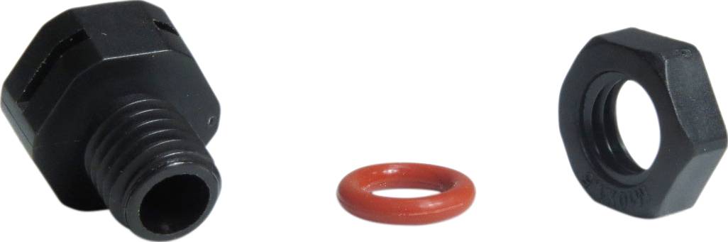 Zwarte schroefverbinding met rode afdichtingsring en zwarte moer, die de verbinding waterdicht afsluiten.