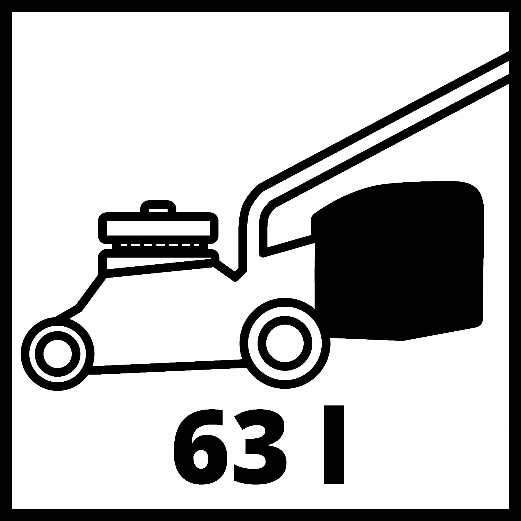 Zwart-witte afbeelding van een grasmaaier met een handgreep en wielen. Eronder staat '63 l', waarschijnlijk de inhoudscapaciteit.