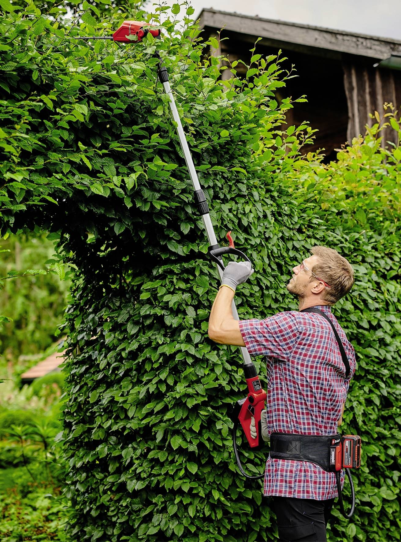 Een man in een geruit overhemd en werkhandschoenen snoeit met een heggenschaar een hoge haag. Op de achtergrond een houten gebouw.