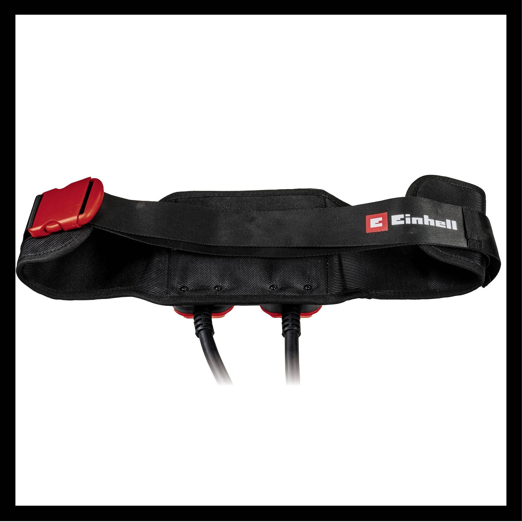 Een zwarte riem met rode gesp en het logo 'Einhell', geschikt voor het dragen of bevestigen van apparaten of gereedschappen.