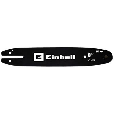 Zwarte kettingzaagbalk met opschrift 'Einhell', '8"', en '20 cm', geschikt voor kettingzagen, zijdelingse bevestigingsgaten.