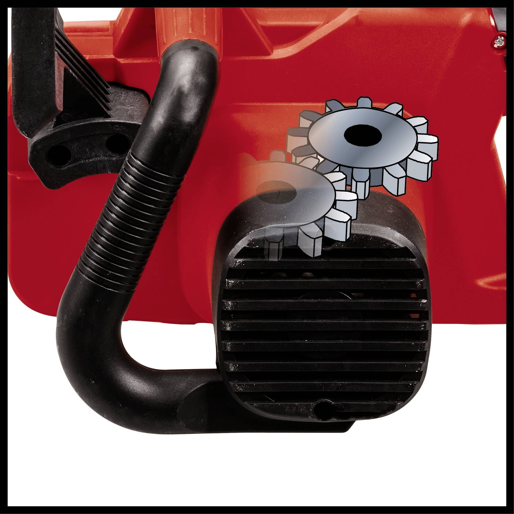 Een rood elektrisch gereedschap met een zwarte handgreep en ventilatiesleuven. Een tandwiel-symbool wijst op een mechanische functie.