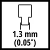 '1,3 mm (0,05")' diagram toont de maat van een vorm.