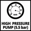 Hoogdrukpomp (5,5 bar)-symbool met een manometer die 0 tot 6 bar aangeeft. De wijzer staat op 5,5 bar.