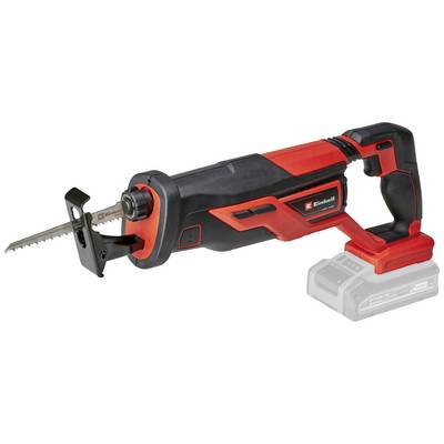 Reciprozaag met rood-zwarte behuizing, tentoongesteld zonder accu. Hij beschikt over een lange zaagblad en een ergonomische handgreep.