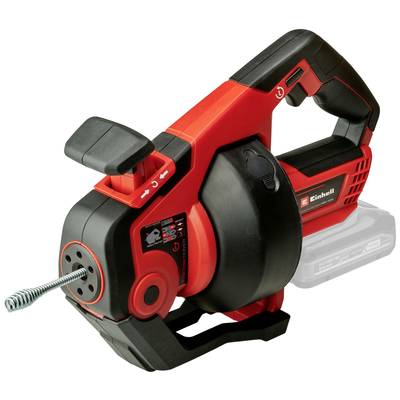 Einhell accu-rioolreiniger in rood en zwart. Het apparaat heeft een ergonomische handgreep en een zichtbare spiraal aan de voorkant.