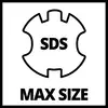 'SDS'-symbool boven een tandvorm met de tekst 'MAX SIZE' eronder. Symbool voor de maximale grootte van SDS-boren.