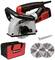 Einhell muursleuvenfrees, rood en grijs design, inclusief tas, twee reservekapschijven en gereedschap.