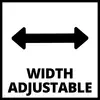 Brede pijl wijst naar links en rechts boven de tekst 'Width Adjustable', wat wijst op een verstelbare breedte.