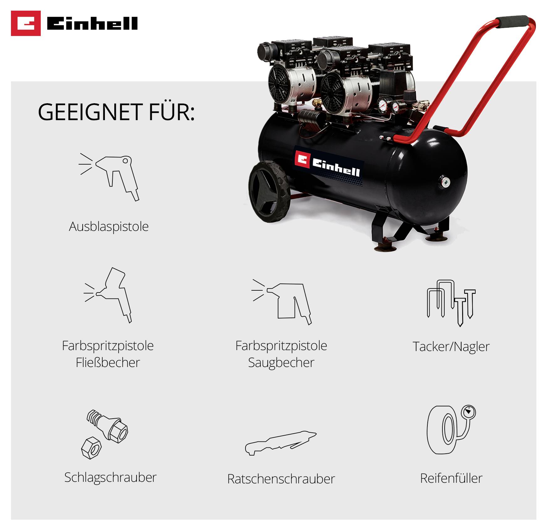 Einhell-compressor voor uitblaaspistool, verfspuitpistool, tacker/spijker, slagmotor, ratelschroevendraaier en bandenpomp.