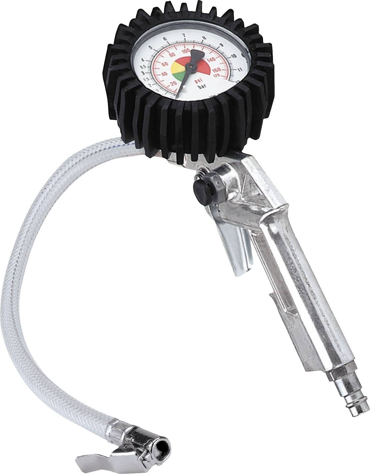 Bandenspanningsmeter met analoge manometer en flexibele slang. Toont drukwaarden in bar en PSI, met gekleurd gemarkeerde bereiken.