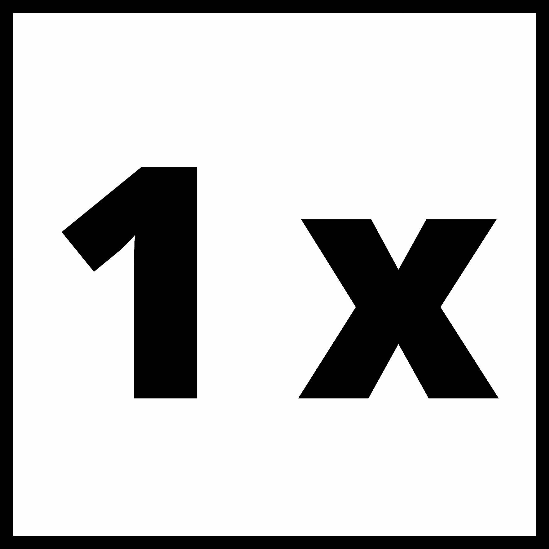 '1x' in vette, zwarte letters op een wit vierkant.