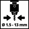 Een symbool toont een boor die tussen twee pijlen ligt, met de tekst 'Ø 1,5 - 13 mm', die de boordiameter aangeeft.