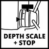 Tekening van een apparaat-instelmechanisme. Tekst: 'Diepteschaal + Stop' toont diepte-instelling met meetschaal en vergrendelingsmechanisme.