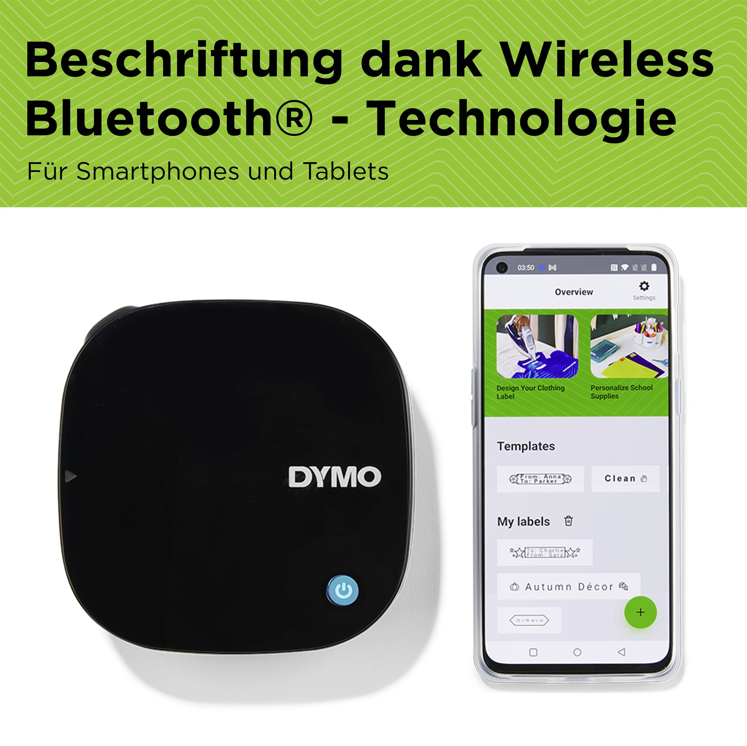 Draadloze etikettenprinter met smartphone-app op groene achtergrond. Tekst: 'Labelen dankzij draadloze Bluetooth-technologie. Geschikt voor smartphones en tablets.'