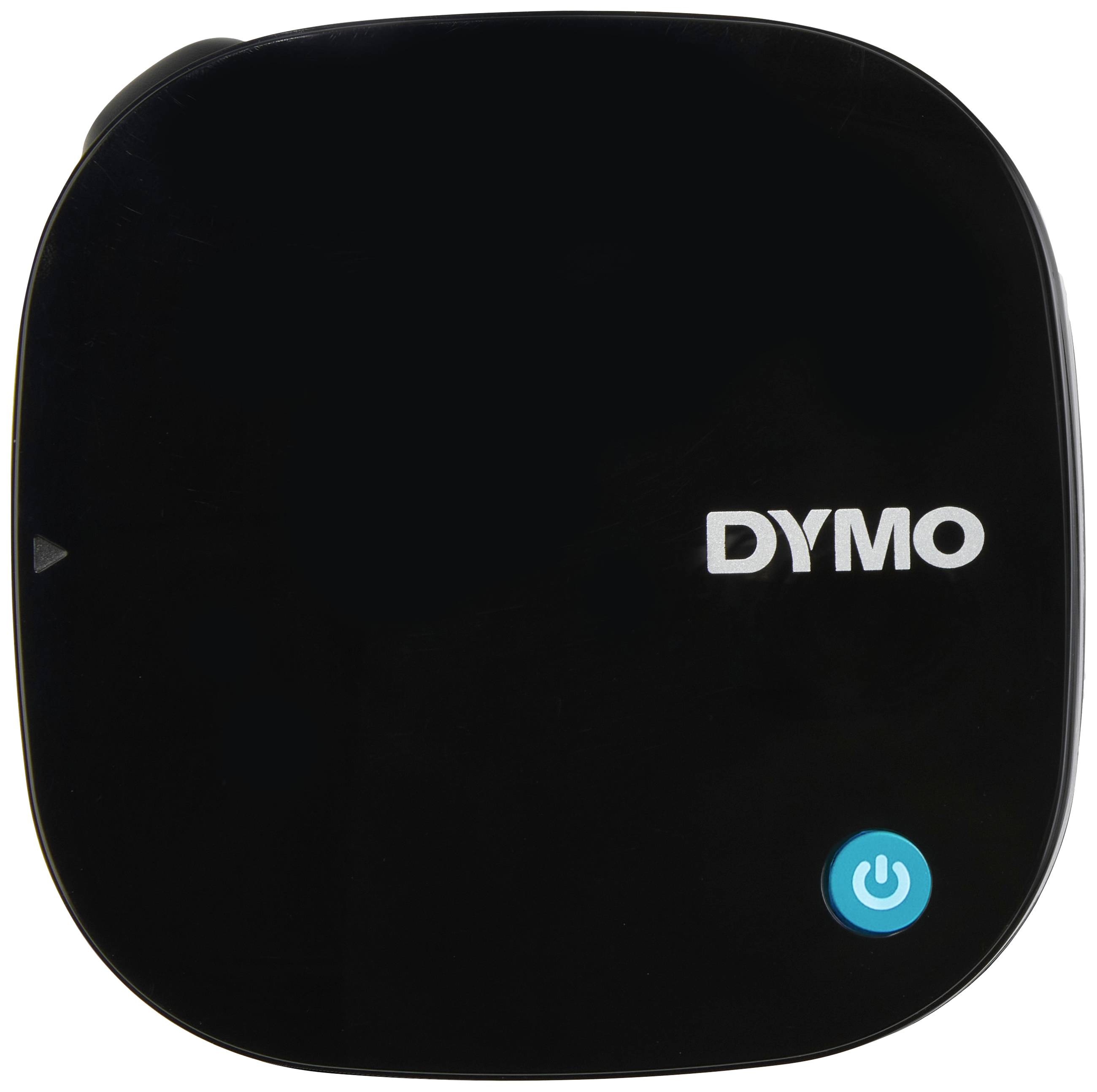 Zwart DYMO-labelapparaat met blauwe aan-/uitschakelknop rechtsonder in de afbeelding.