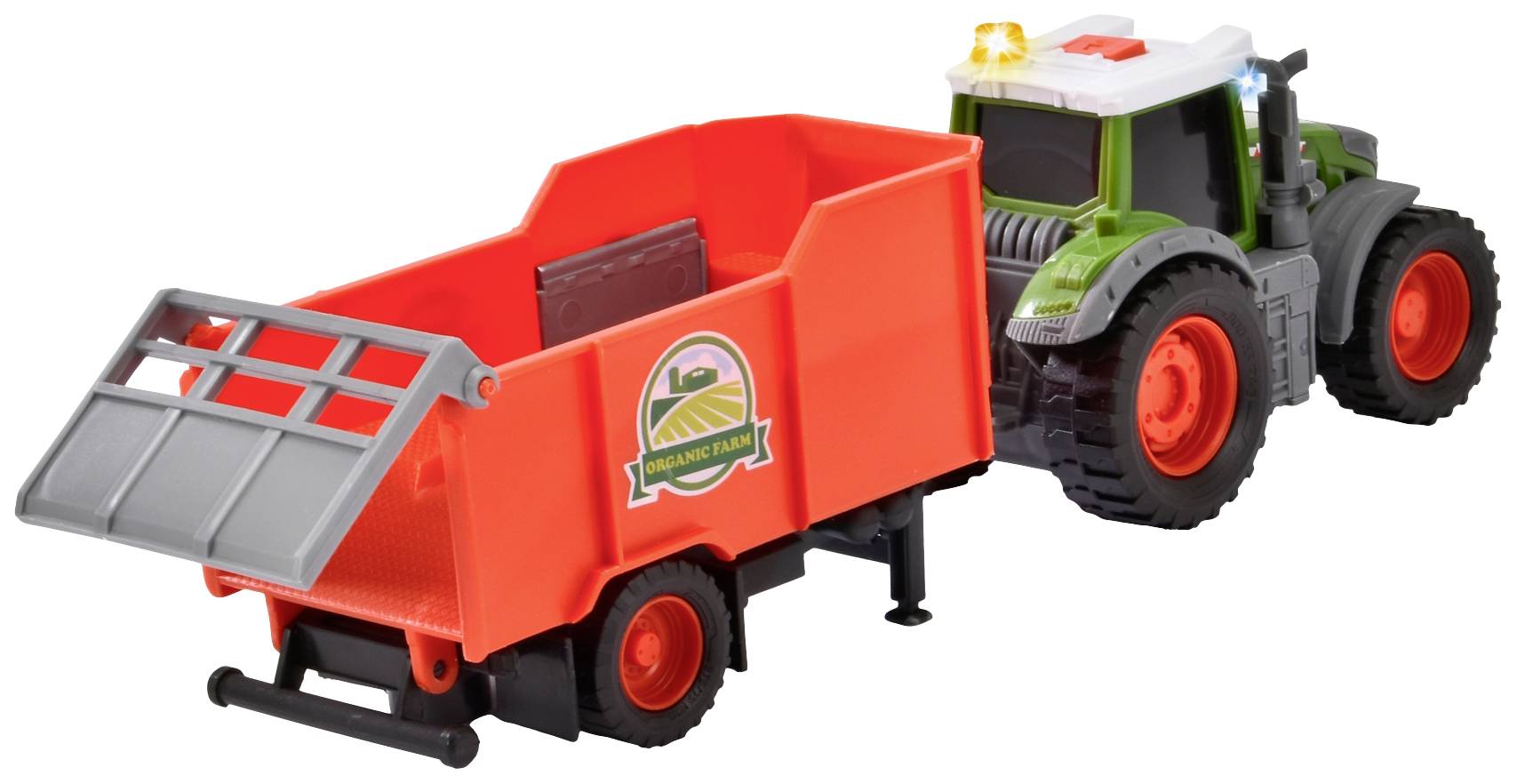Speelgoedtractor met aanhanger; de tractor is groen en de aanhanger is oranje. Het ontwerp toont details van een boerderijopschrift.