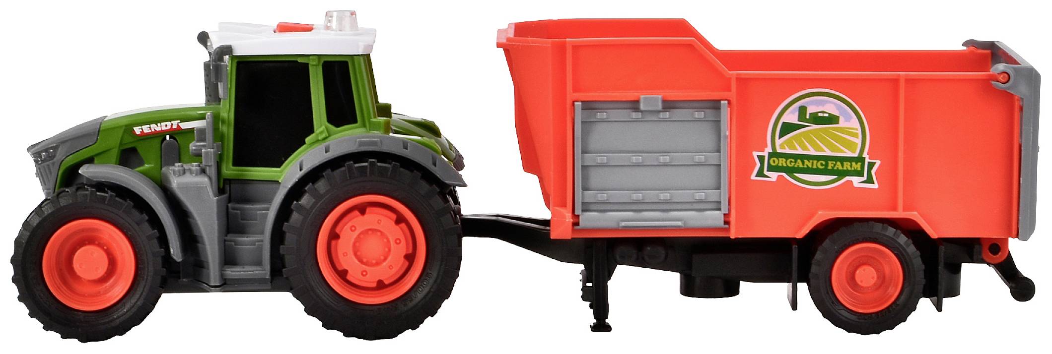 Speelgoedtractor in het groen met een rode aanhanger met het logo 'Organic Farm'. De aanhanger is gekoppeld aan de tractor.