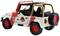 Speelgoedauto in het design van een witte Jeep Wrangler met rode accenten en het 'Jurassic Park'-logo op de deur.