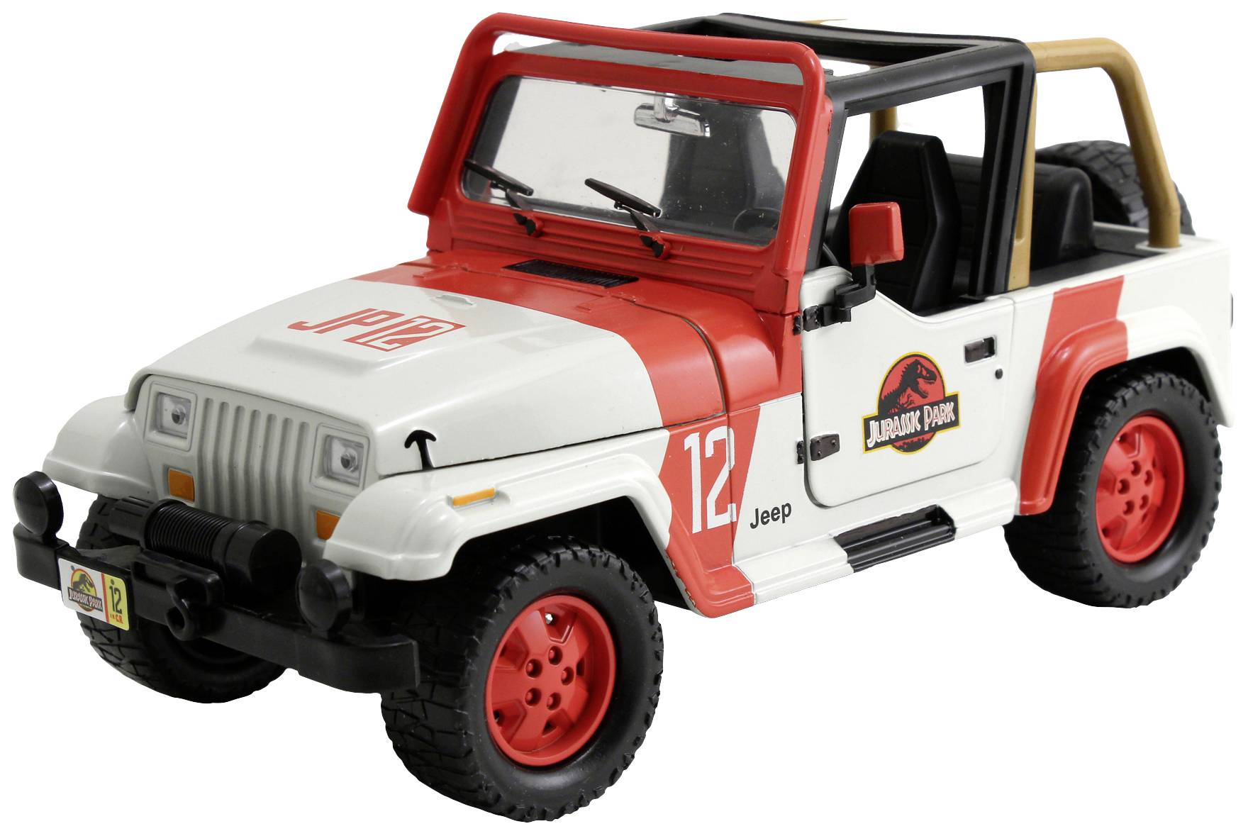Een wit-rood speelgoed-Jeep-model met 'Jurassic Park'-logo, een rood kentekenplaatje 'JP12' en rode velgen.