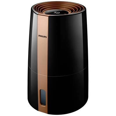 Een zwarte luchtbevochtiger met koperen details, gemarkeerd met 'Philips', toont de luchtvochtigheid op een digitaal display aan de bovenkant.