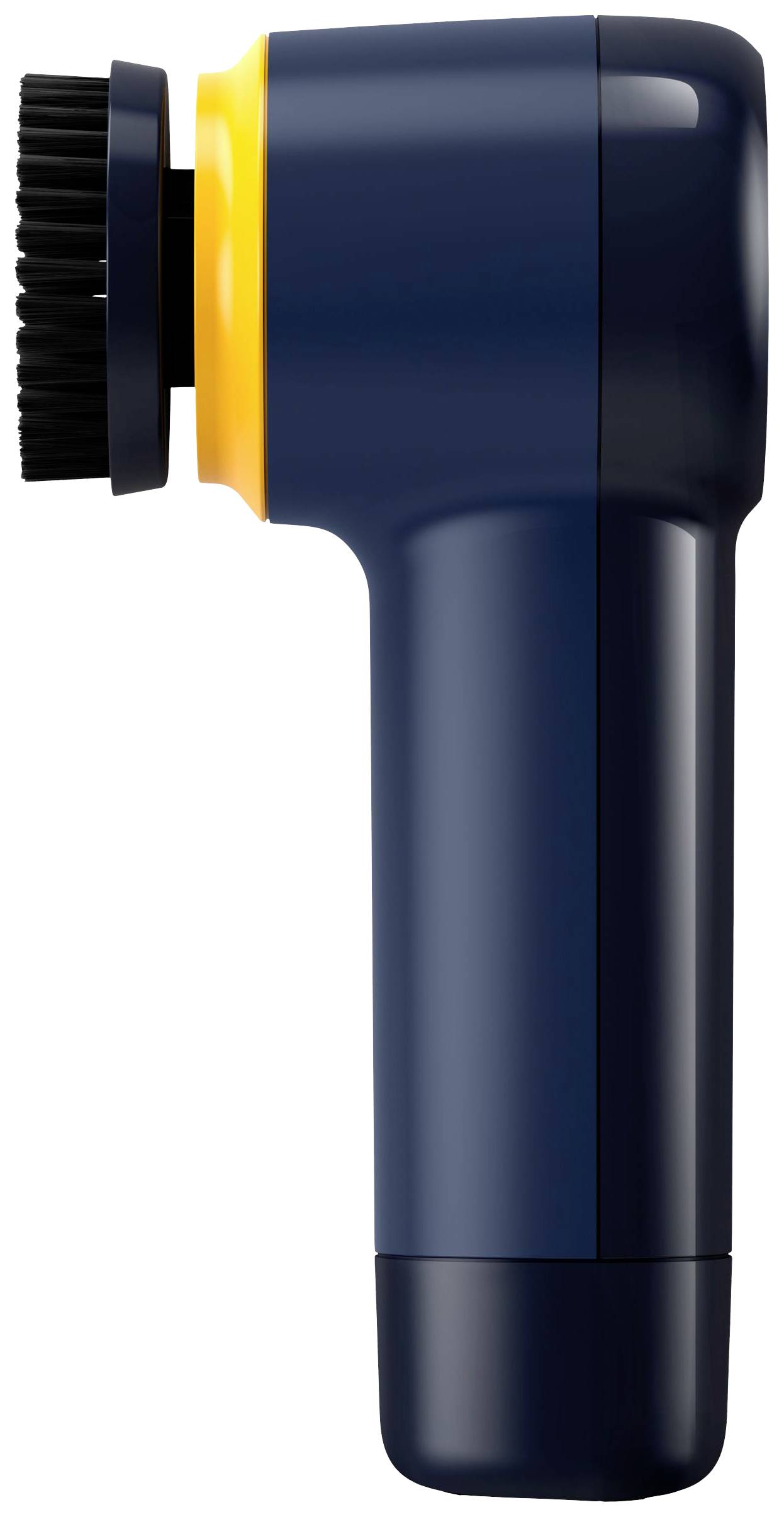 Elektrische reinigingsborstel in donkerblauw met zwarte borstenkop, zijaanzicht. Ideaal voor veelzijdige oppervlaktereiniging.
