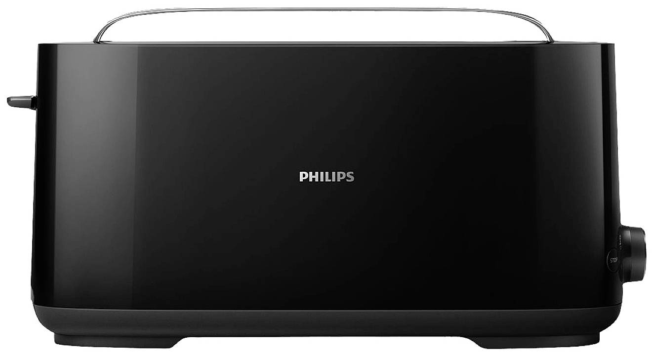 Zwarte Philips-broodrooster met zijdelingse bediening, compact en modern vormgegeven.