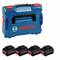 Een blauwe Bosch-gereedschapskoffer met rood logo en zwarte handgreep, naast vier zwarte Bosch ProCORE18V-accu's.