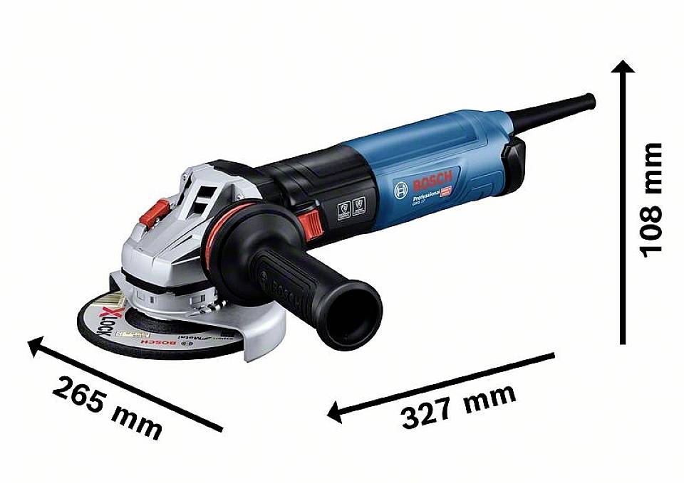 Een blauwe en zwarte haakse slijpmachine met vaste handgreep en rond slijpblad. Afmetingen: 265 mm lengte, 327 mm breedte, 108 mm hoogte.