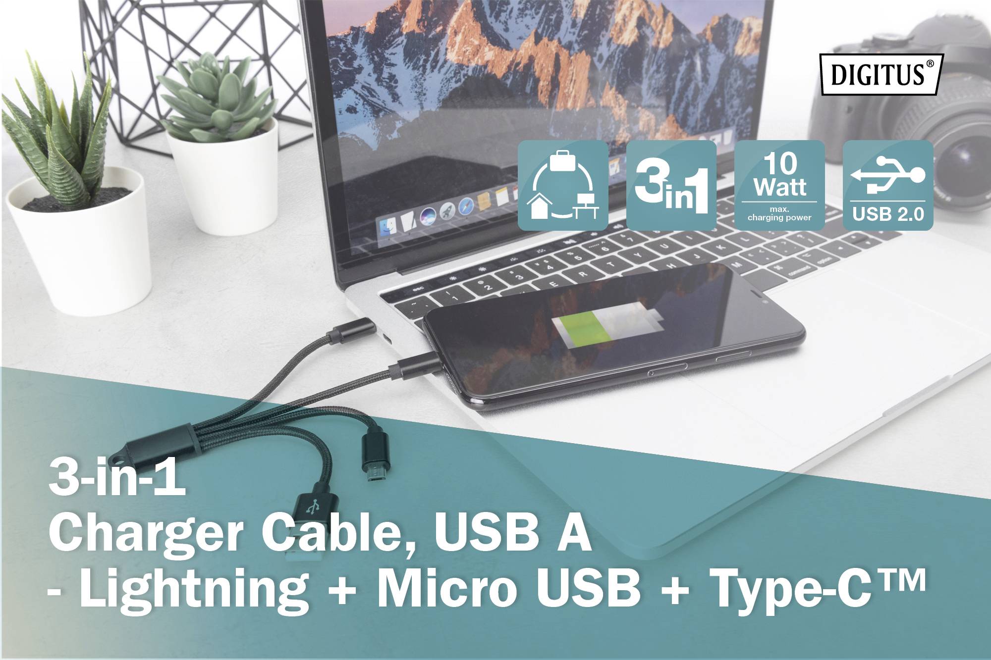 Een laptop met planten op de achtergrond. Een 3-in-1 oplaadkabel verbindt een smartphone met de laptop. Tekst: '3-in-1 oplaadkabel, USB A - Lightning + Micro USB + Type-C™'.