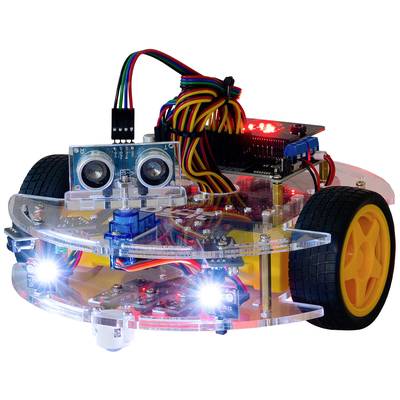 Een kleine, transparante robot op wielen met gekleurde kabels en lichtgevende sensoren, waarschijnlijk gebouwd voor obstakeldetectie.