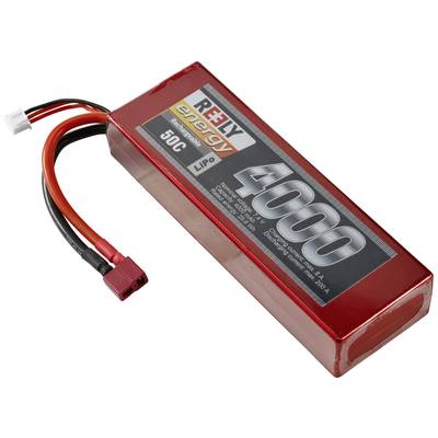 Een rode LiPo-accu van Reedy Energy met 4000 mAh en 50C ontlaadstroom. Kort stroomkabel met rode en zwarte stekker.
