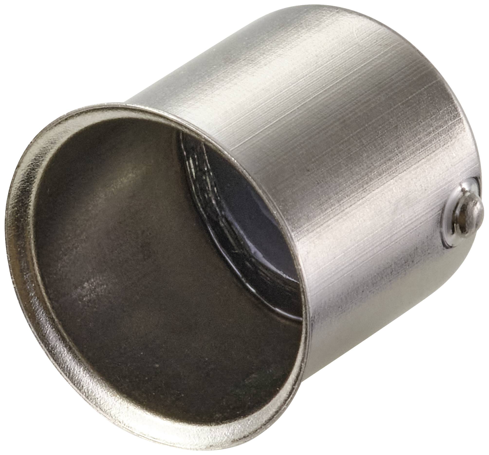 Metalen cilinder met open zijde, gebruikt als verbindingselement of buisdop, gemaakt van zilverkleurig materiaal, met een gladde oppervlakte.