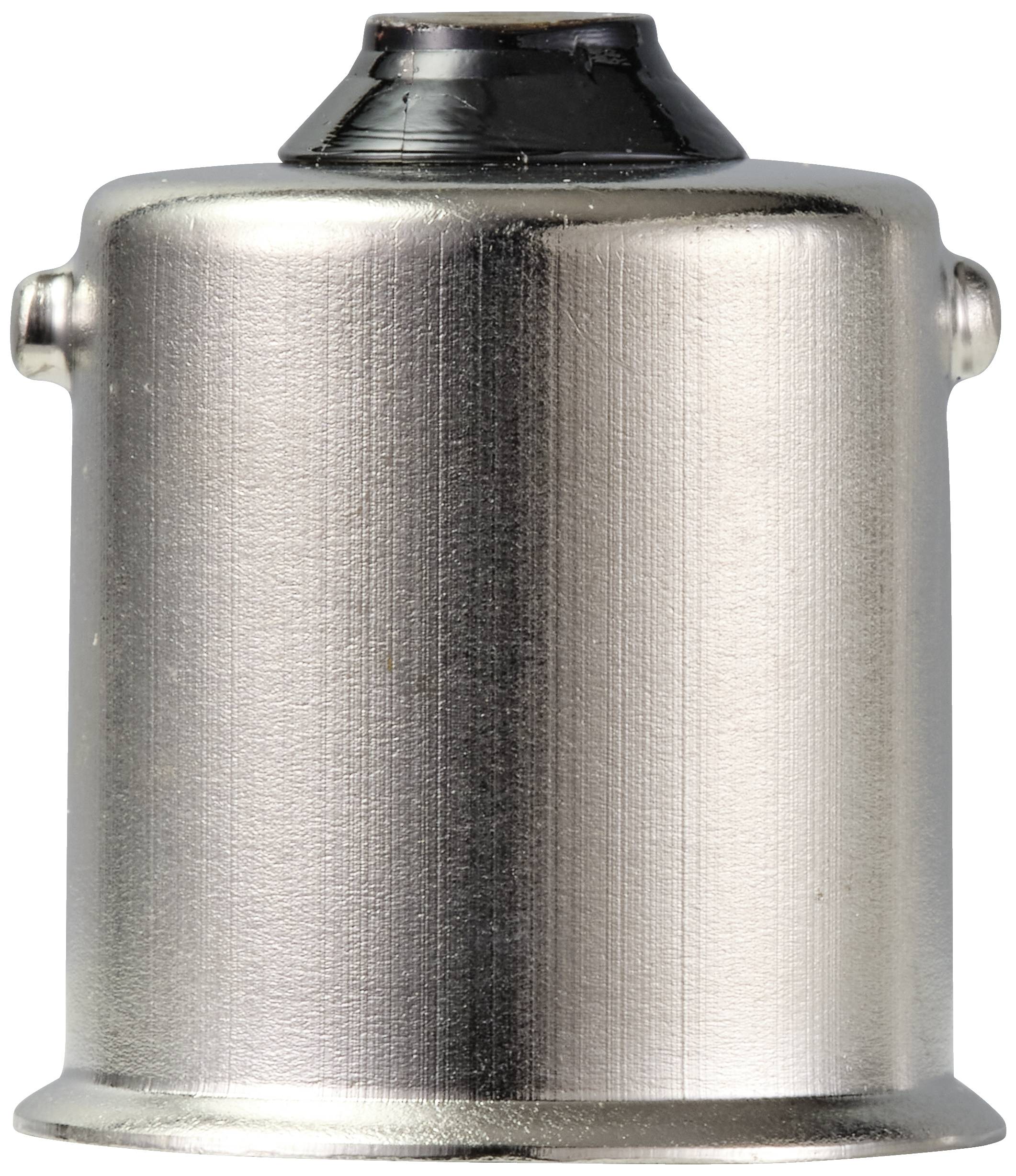 Een zilveren cilindrische adapter met een zwart kunststof uiteinde, mogelijk bestemd voor elektronica of verlichting.