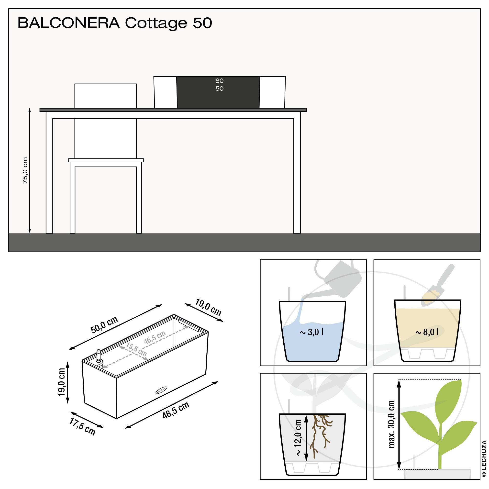 LECHUZA Plantenbakken - Balconera Cottage 50 50 x 19 x 19 cm - Compleet Kit - Graniet-21