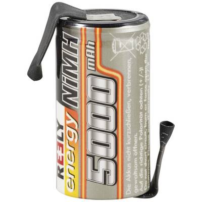 Een grijze NiMH-accu met 5000 mAh capaciteit, merkopdruk 'Reely energy', waarschuwingsinstructie voor de juiste polariteit op de verpakking.