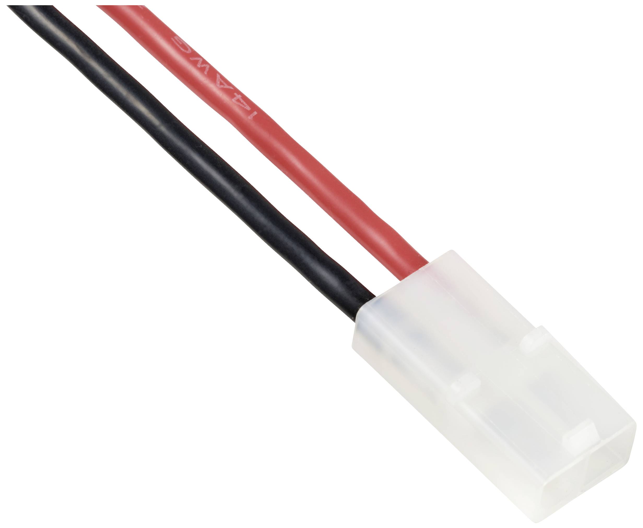 Witte stekkerverbinding met rode en zwarte kabels, die wordt gebruikt voor het aansluiten van elektronische apparaten.