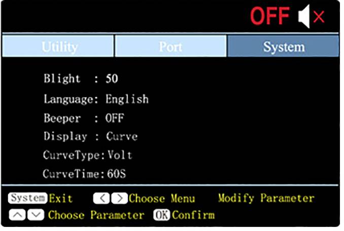 'Systeeminstellingen-menu op een scherm: Blight: 50, Taal: Engels, Pieptoon: Uit, Weergave: Curve, Curvetype: Volt, Curvetijd: 60 seconden. Knoppen onderaan: Systeem, Afsluiten, Menu selecteren, Parameters aanpassen, Bevestigen.'